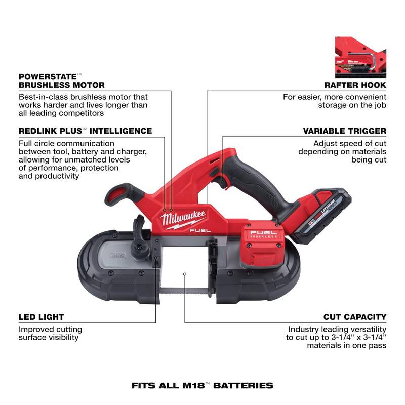 Sierra de banda compacta inalámbrica Milwaukee M18 FUEL de 18 voltios con tecnología de iones de litio sin escobillas, kit con (2) baterías de alto rendimiento de 3.0 Ah y (1) batería de 6.0 Ah - 2829-22-48-11-1865