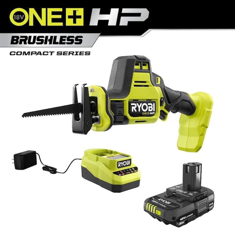RYOBI ONE+ HP 18V Sierra reciproca compacta inalámbrica sin escobillas de una mano con batería de 2.0 Ah y cargador - PSBRS01B-PSK005