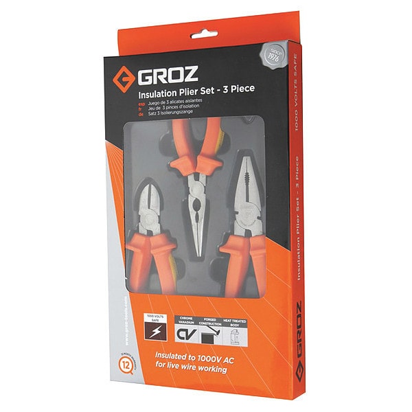 Groz 3 Piece CRV Pliers Shock-Proof, Anti-Slip TPR Handle - 31570