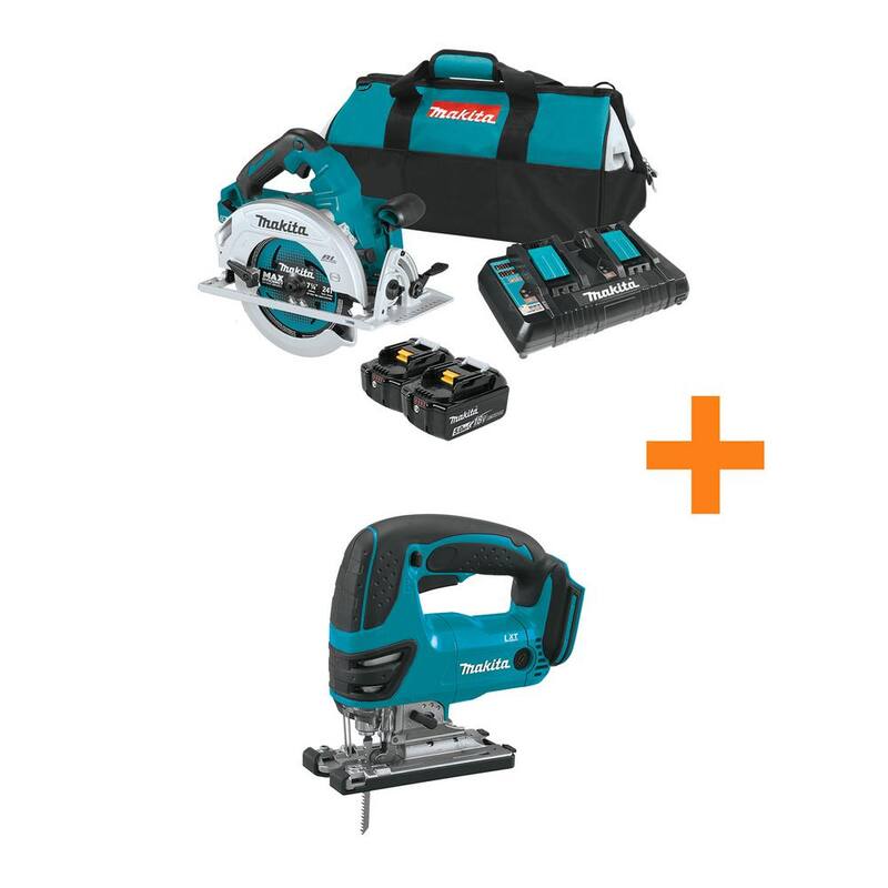 Sierra circular inalámbrica sin escobillas Makita 18V X2 LXT de iones de litio (36V) de 7-1/4 pulgadas, kit con batería 5.0Ah y sierra caladora 18V LXT - XSH06PT-XVJ03Z.