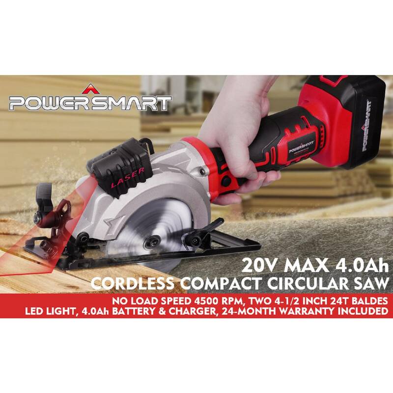 Sierra circular mini inalámbrica de 20 voltios PowerSmart de 4-1/2 pulgadas con batería de 4.0 Ah y cargador - PS76138A