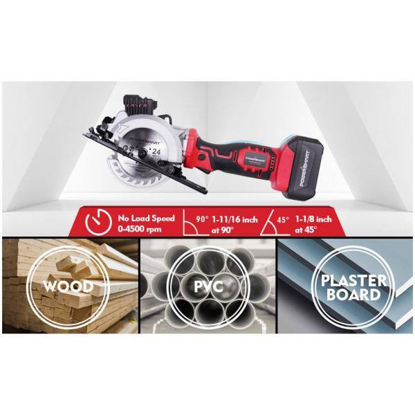 Sierra circular mini inalámbrica de 20 voltios PowerSmart de 4-1/2 pulgadas con batería de 4.0 Ah y cargador - PS76138A