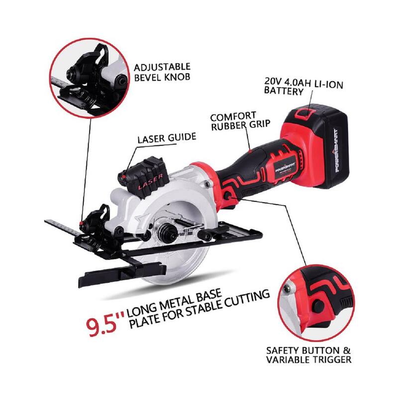 Sierra circular mini inalámbrica de 20 voltios PowerSmart de 4-1/2 pulgadas con batería de 4.0 Ah y cargador - PS76138A