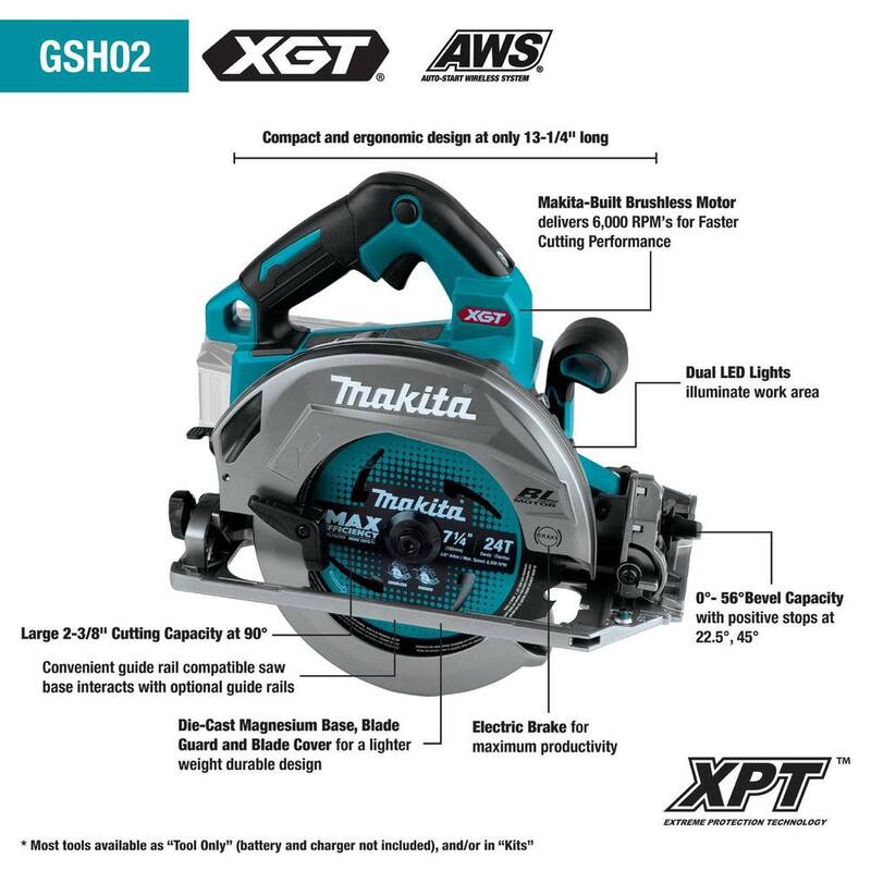 Sierra circular Makita 40V Max XGT inalámbrica sin escobillas de 7-1/4 pulgadas con base compatible con riel guía, compatible con AWS (solo herramienta) - GSH02Z