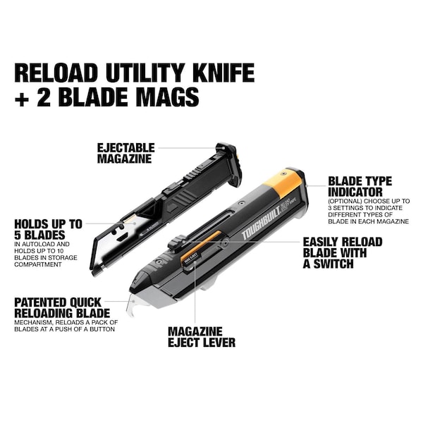 Toughbuilt 6.5 in. Retractable Reloading Utility Knife Black 1 pc - TB-H4S2-03-6BES