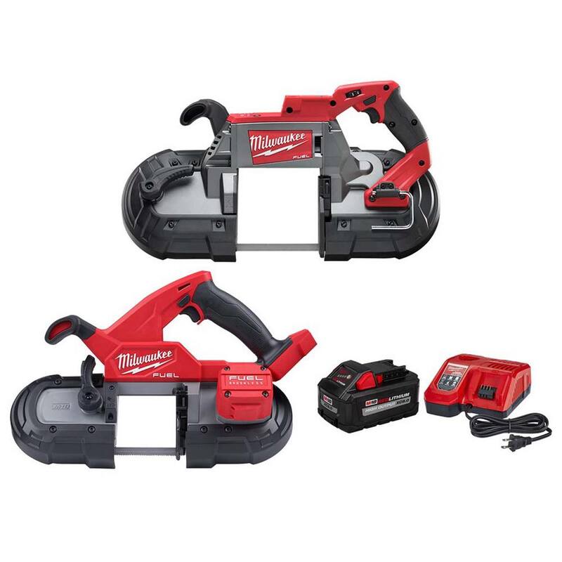 Sierra de cinta sin escobillas Milwaukee M18 FUEL de 18 voltios con batería de iones de litio para cortes profundos inalámbrica con kit de inicio compacto de sierra de cinta y batería de 8.0Ah - 2729-20-2829-20-48-59-1880.