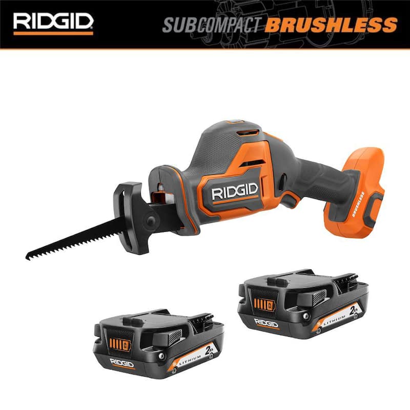 Sierra de vaivén inalámbrica compacta sin escobillas de 18V RIDGID de una mano con (2) baterías de iones de litio compactas de 2.0 Ah - R8648B-AC8400802P