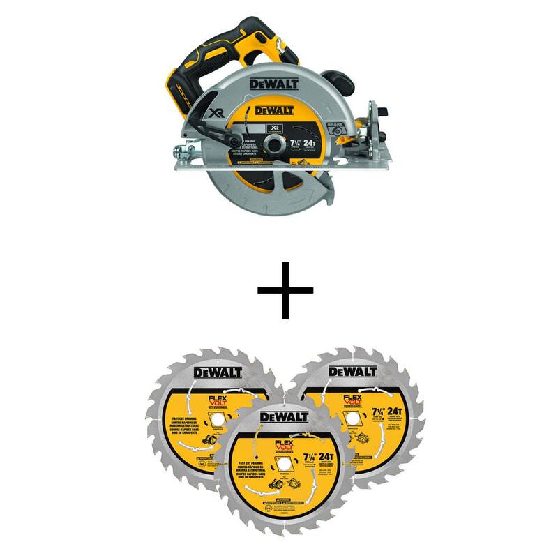 DEWALT Sierra Circular Inalámbrica sin Escobillas de 20V MAX XR de 7-1/4 pulg. (Herramienta Solamente) y Hojas de Sierra Circular DEWALT FLEXVOLT de 7-1/4 pulg. de 24 Dientes (Paquete de 3) - DCS570BWFV37243