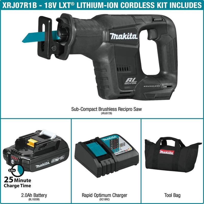 Kit de sierra reciproca inalámbrica Makita 18V LXT Sub-Compact de iones de litio sin escobillas (2.0 Ah) - XRJ07R1B.