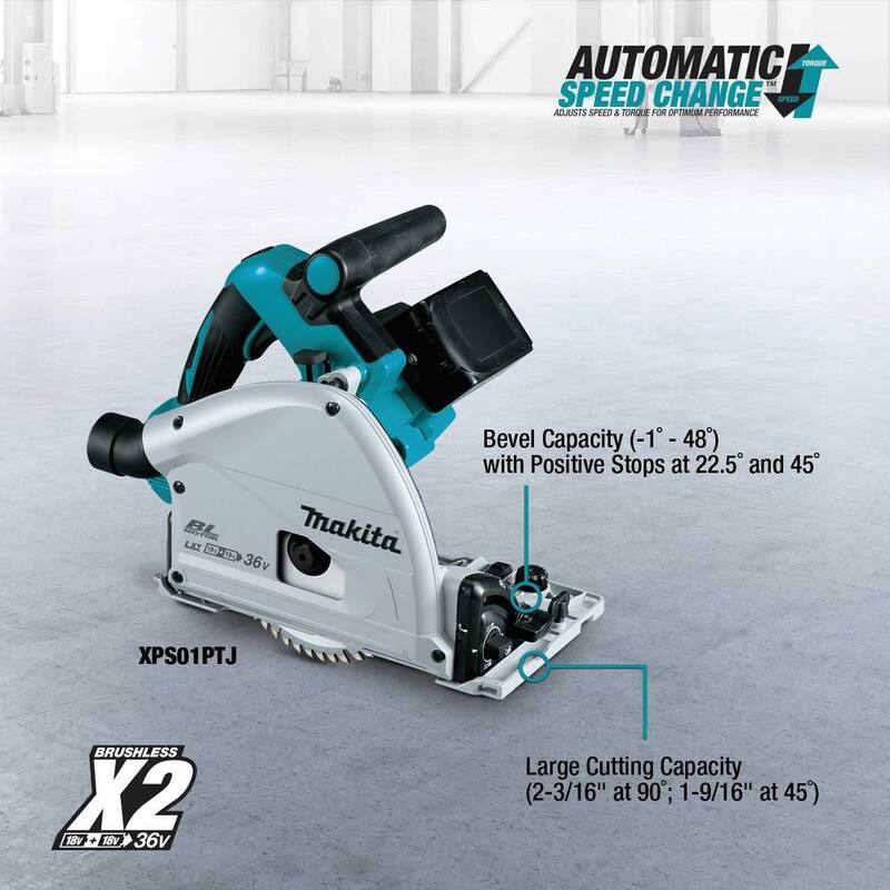 Sierra circular inalámbrica sin escobillas Makita 18V X2 LXT 6-1/2 pulg con sumergimiento, 2 baterías 5.0 Ah con riel guía - XPS01PTJBL1850B.