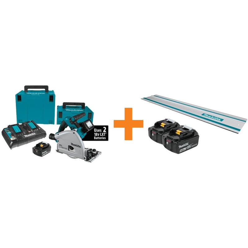 Sierra circular inalámbrica sin escobillas Makita 18V X2 LXT 6-1/2 pulg con sumergimiento, 2 baterías 5.0 Ah con riel guía - XPS01PTJBL1850B.