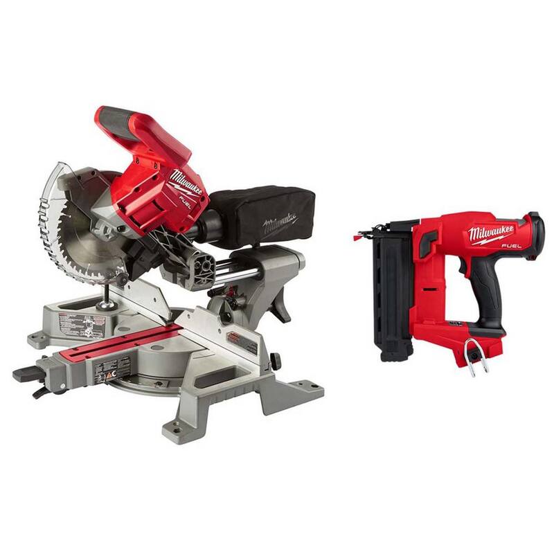 Sierra ingleteadora deslizante compuesta inalámbrica de bisel doble Milwaukee M18 FUEL de 18V con batería de iones de litio de 7-1/4 pulgadas y clavadora de clavos calibre 18 - 2733-20-2746-20