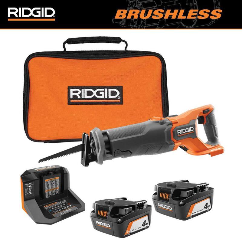 Sierra de vaivén inalámbrica sin escobillas de 18V RIDGID con (2) baterías de 4.0 Ah, cargador de 18V y bolsa - R8647B-AC93044SBN
