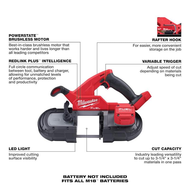 Sierra de cinta compacta Milwaukee M18 FUEL de 18V con tecnología de iones de litio sin escobillas inalámbrica con SAWZALL y kit de inicio de 8.0ah - 2829-20-2722-20-48-59-1880