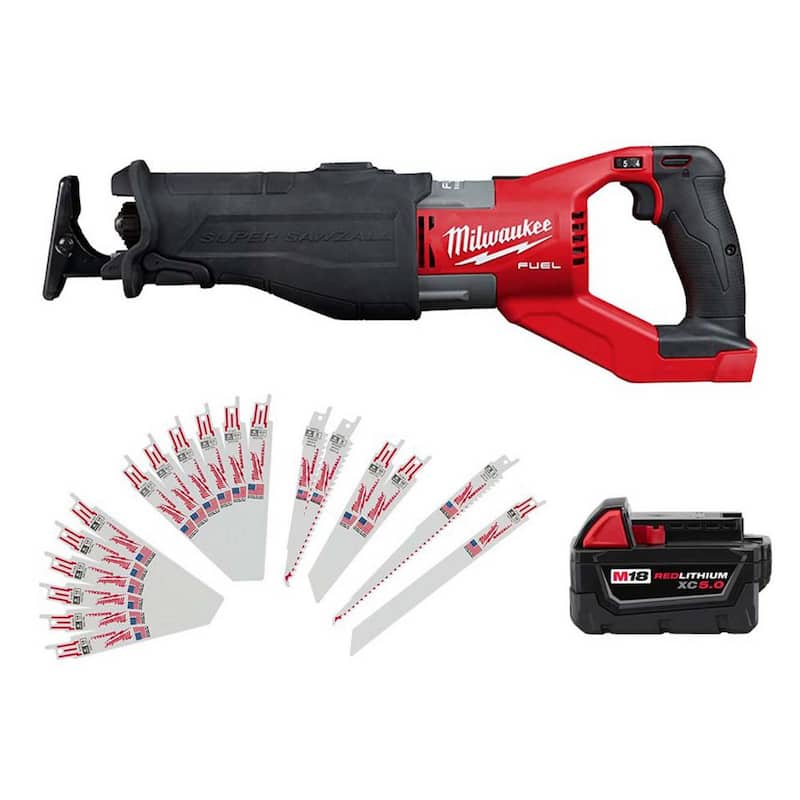 Milwaukee M18 FUEL 18V Sierra orbital de reciprocación inalámbrica sin escobillas Sawzall SUPER con batería de 5.0Ah y juego de hojas Sawzall - 2722-20-48-11-1850-49-22-1110F.