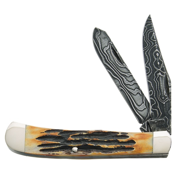Bear & Sons Cutlery 2023 Bear 4 1/8' Genuine India Stag Bone 2 Blade Trapper Damascus - BEA-554D