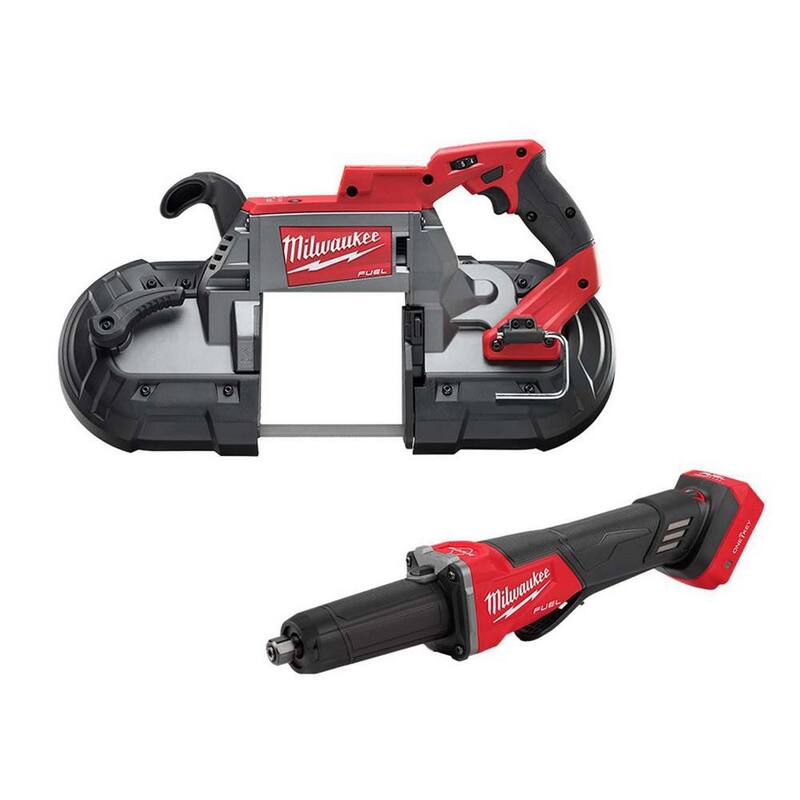 Sierra de cinta inalámbrica Milwaukee M18 FUEL de 18V con tecnología de litio y sin escobillas para cortes profundos junto con la amoladora de velocidad variable M18 FUEL - 2729-20-2984-20.