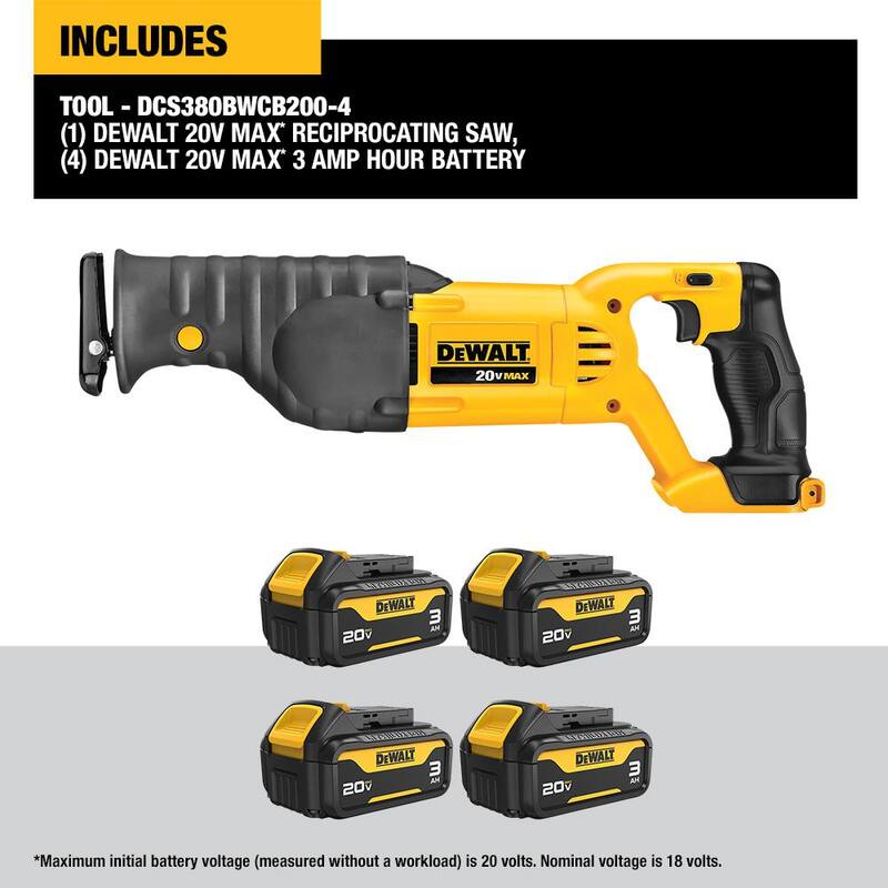 DEWALT Sierra reciproca inalámbrica de iones de litio de 20 voltios Máximo con (4) paquetes de batería Máximo Premium de 20 voltios y 3.0 Ah - DCS380BWCB200-4