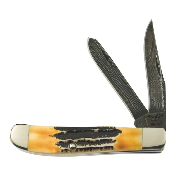 Bear & Sons Cutlery 2023 Bear 3 1/2' Genuine India Stag Bone Mini Trapper Damascus - BEA-507D
