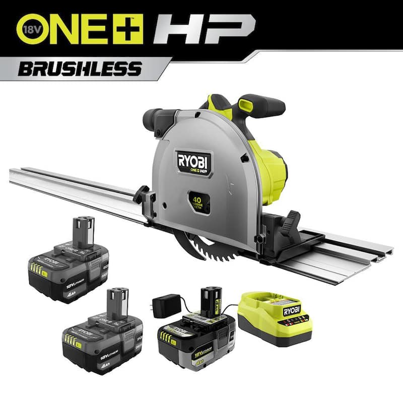 RYOBI ONE+ HP Kit de Sierra Circular Inalámbrica Track Saw de 18V sin escobillas de 6-1/2 pulgadas con (3) baterías de 4.0 Ah y cargador - PTS01K-PBP2005