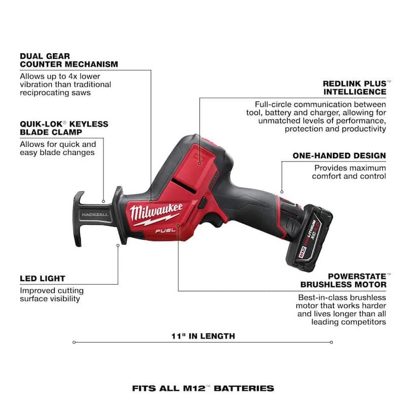 Milwaukee M12 FUEL 12-Volt Lithium-Ion Brushless Cordless HACKZALL Sierra reciprocante con kit de batería XC de alta capacidad de 5.0 Ah - 2520-21XC-48-11-2450