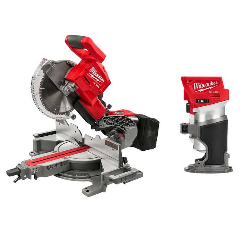 Sierra ingleteadora compuesta deslizante de bisel doble sin cable de 10 pulgadas con enrutador compacto Milwaukee M18 FUEL de 18V de iones de litio sin escobillas - 2734-20-2723-20.