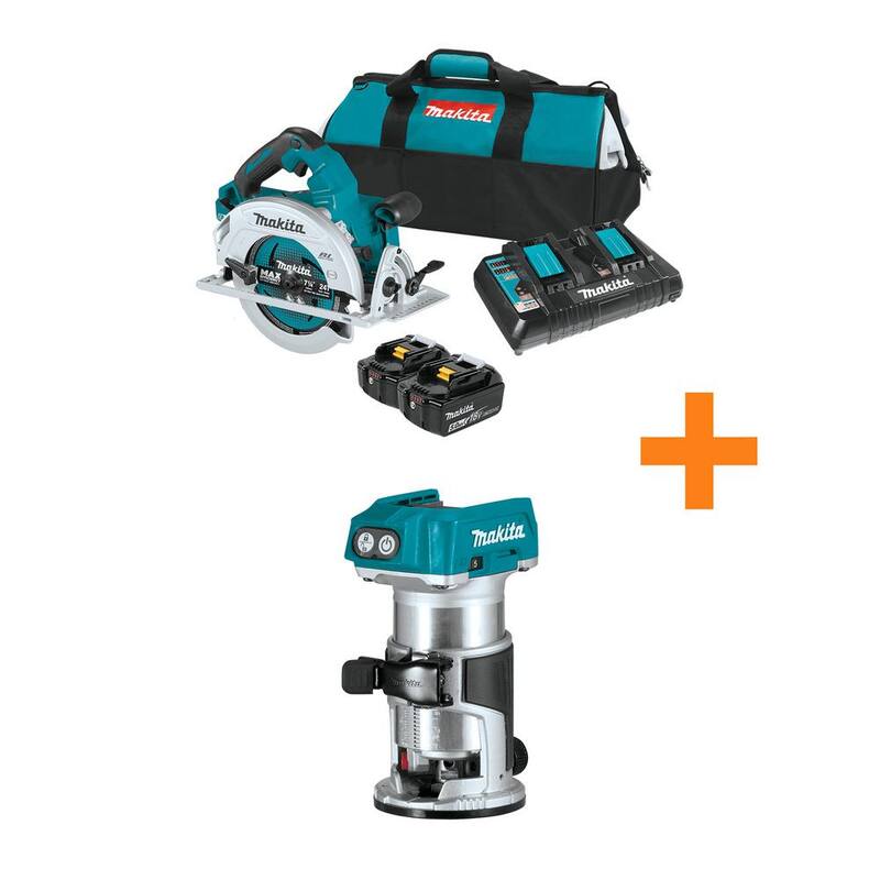 Makita 18V X2 LXT (36V) Sierra Circular sin Cepillo de 7-1/4 pulgadas Kit 5.0Ah con enrutador compacto de velocidad variable sin escobillas de 18V LXT - XSH06PT-XTR01Z