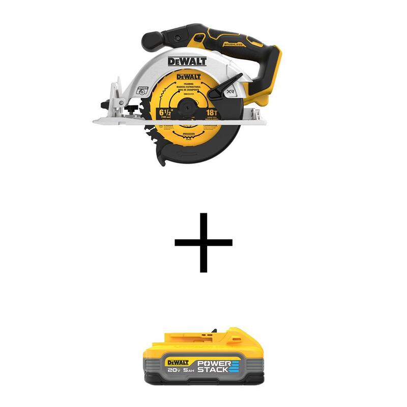 Sierra circular inalámbrica DEWALT 20V MAX Brushless de 6-1/2 pulgadas estilo Sidewinder con POWERSTACK 20V Paquete de baterías de iones de litio de 5.0Ah - DCS565BWDCBP520