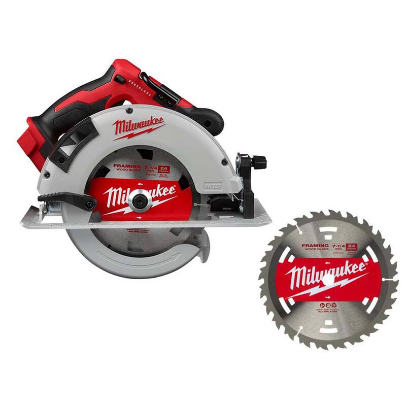 Sierra circular Milwaukee M18 18V de 7-1/4 pulgadas con tecnología inalámbrica sin escobillas de iones de litio (solo herramienta) con hoja de carburo de 24 dientes para estructuras - 2631-20-48-41-0710.