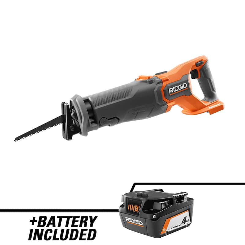 Sierra reciproca inalámbrica RIDGID 18V con motor sin escobillas y batería de iones de litio de 18V 4.0 Ah - R8647B-AC87004