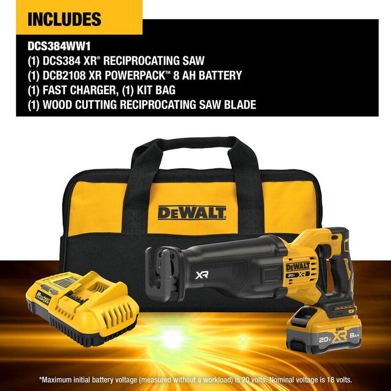 Sierra recíproca inalámbrica DEWALT de 20V XR de ion de litio con batería de 8.0 Ah y cargador - DCS384WW1