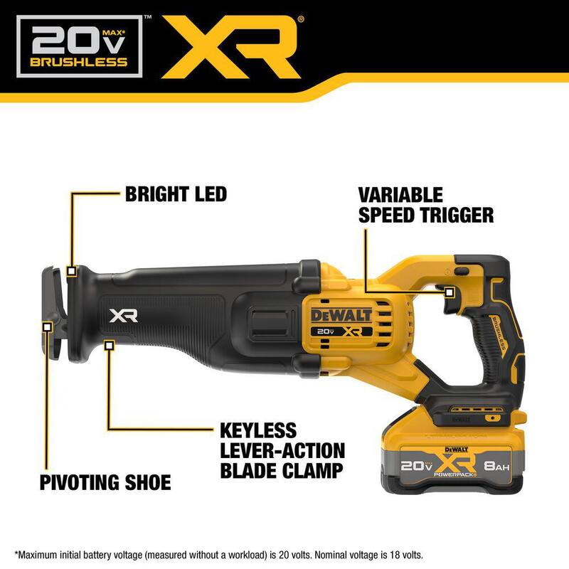 Sierra recíproca inalámbrica DEWALT de 20V XR de ion de litio con batería de 8.0 Ah y cargador - DCS384WW1