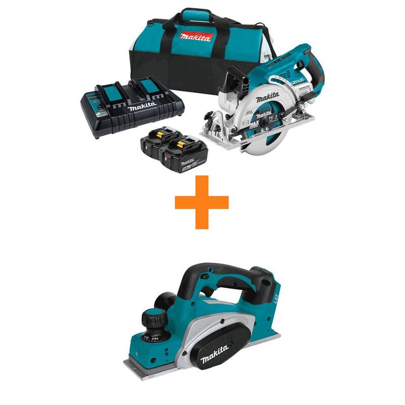 Sierra Circular Inalámbrica sin Escobillas Makita 18V X2 LXT 5.0Ah con Mango Trasero y Kit de 7-1/4 pulgadas, con bono de Cepillo Inalámbrico 18V LXT 3-1/4 pulgadas - XSR01PT-XPK01Z.