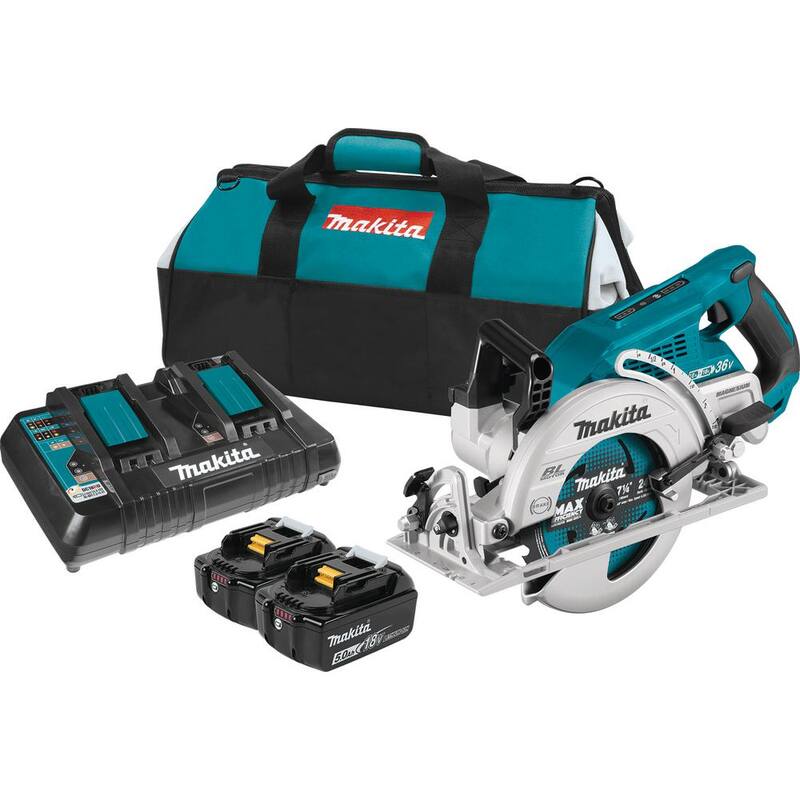 Sierra Circular Inalámbrica sin Escobillas Makita 18V X2 LXT 5.0Ah con Mango Trasero y Kit de 7-1/4 pulgadas, con bono de Cepillo Inalámbrico 18V LXT 3-1/4 pulgadas - XSR01PT-XPK01Z.