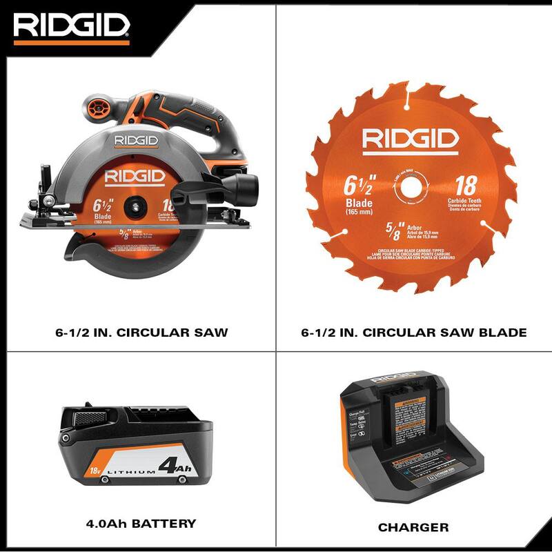 Sierra circular inalámbrica RIDGID de 18V de 6 1/2 pulgadas con kit de batería de 4.0 Ah y cargador con una hoja adicional de sierra circular de 6-1/2 pulgadas - R8655KN-AC612N.