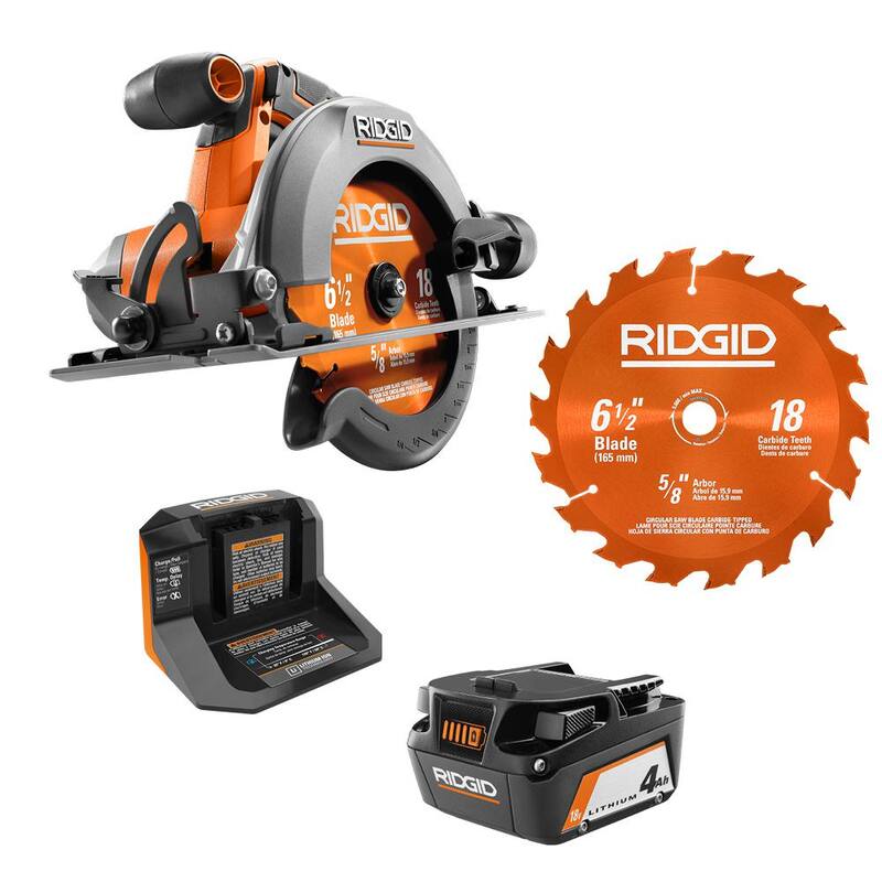 Sierra circular inalámbrica RIDGID de 18V de 6 1/2 pulgadas con kit de batería de 4.0 Ah y cargador con una hoja adicional de sierra circular de 6-1/2 pulgadas - R8655KN-AC612N.