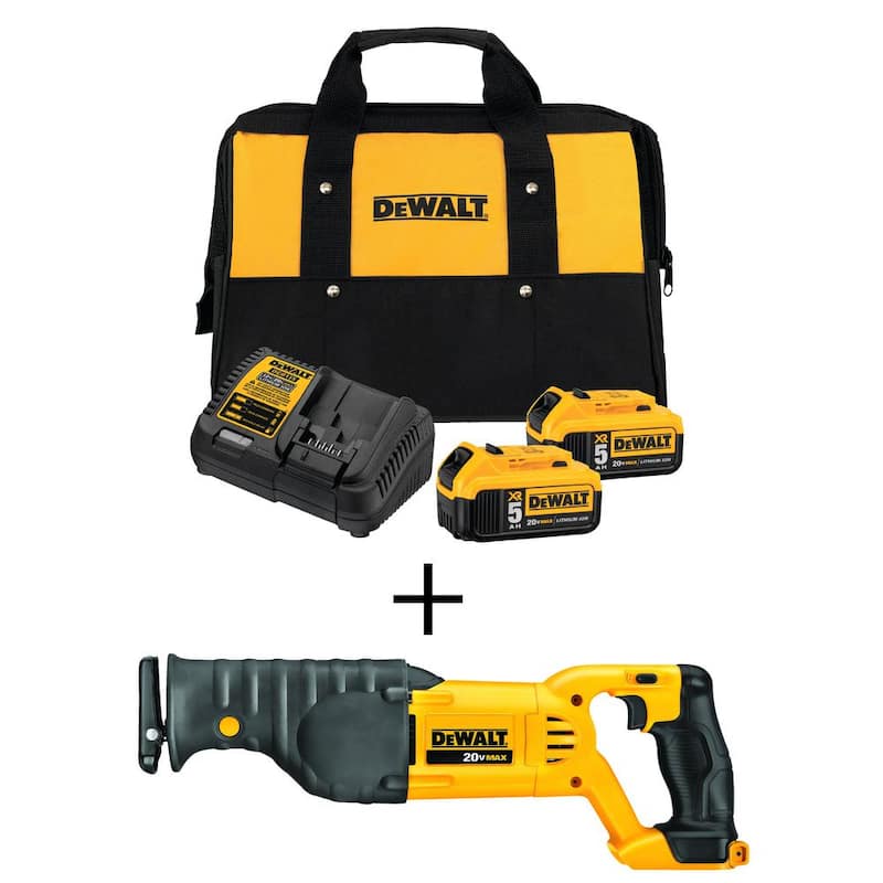 Sierra reciproca inalámbrica DEWALT 20V MAX, (2) baterías de 20V MAX XR de ion de litio premium de 5.0Ah y cargador - DCB2052CKW380B