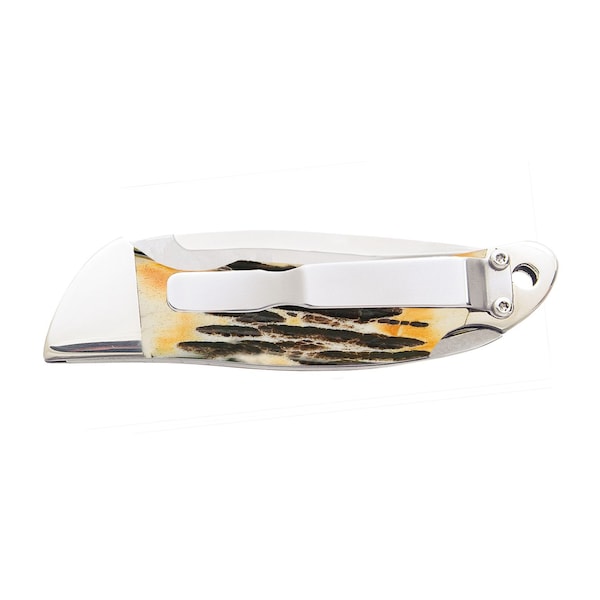 Bear & Sons Cutlery 2023 Bear 3 3/4' Genuine India Stag Bone Automatic Lockback With Metal Belt Clip - BEA-5A08