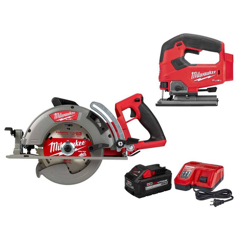 Sierra circular de mango trasero Milwaukee M18 FUEL de 18V de ion de litio inalámbrica de 7-1/4 pulgadas con juego de sierra de calar y kit de inicio de 8.0ah - 2830-20-2737-20-48-59-1880.