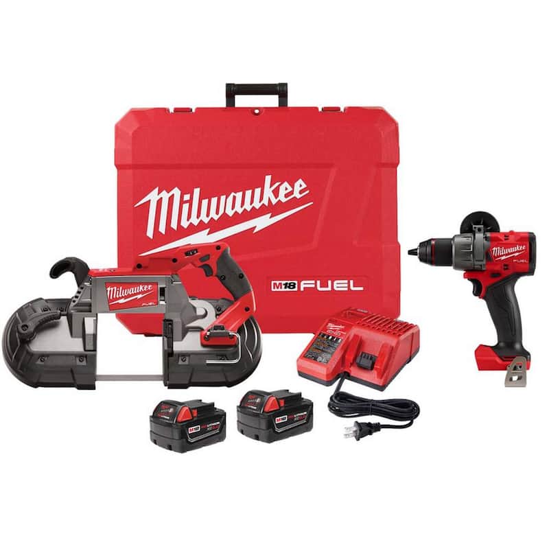 Milwaukee M18 FUEL Sierra de cinta sin escobillas inalámbrica de corte profundo de 18 V de litio con dos baterías de 5.0 Ah, cargador y taladro percutor - 2729-22-2904-20