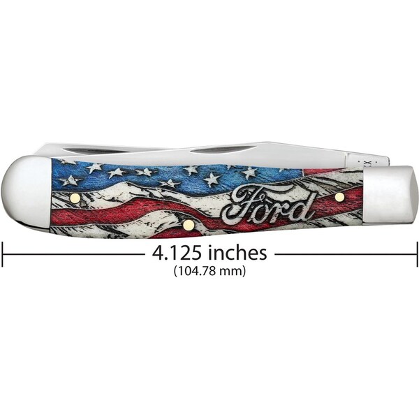 Case Cutlery Ford Gift Set, Embellished Smooth Natural Bone Trapper W/ Red And Blue Color Wash/ Blk Def - CAS-14331