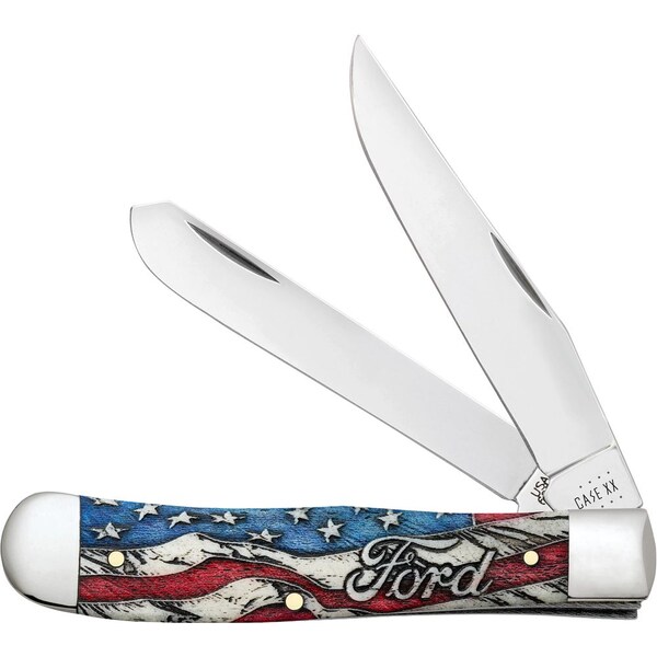 Case Cutlery Ford Gift Set, Embellished Smooth Natural Bone Trapper W/ Red And Blue Color Wash/ Blk Def - CAS-14331