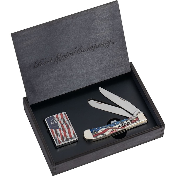 Case Cutlery Ford Gift Set, Embellished Smooth Natural Bone Trapper W/ Red And Blue Color Wash/ Blk Def - CAS-14331