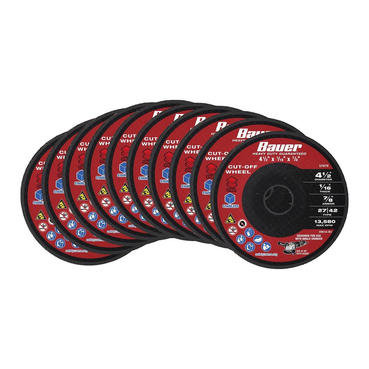 Rueda de corte de metal tipo 27/42 de 4-1/2 in. x 1/16 in. x 7/8 in. de Bauer, paquete de 10 - 57070