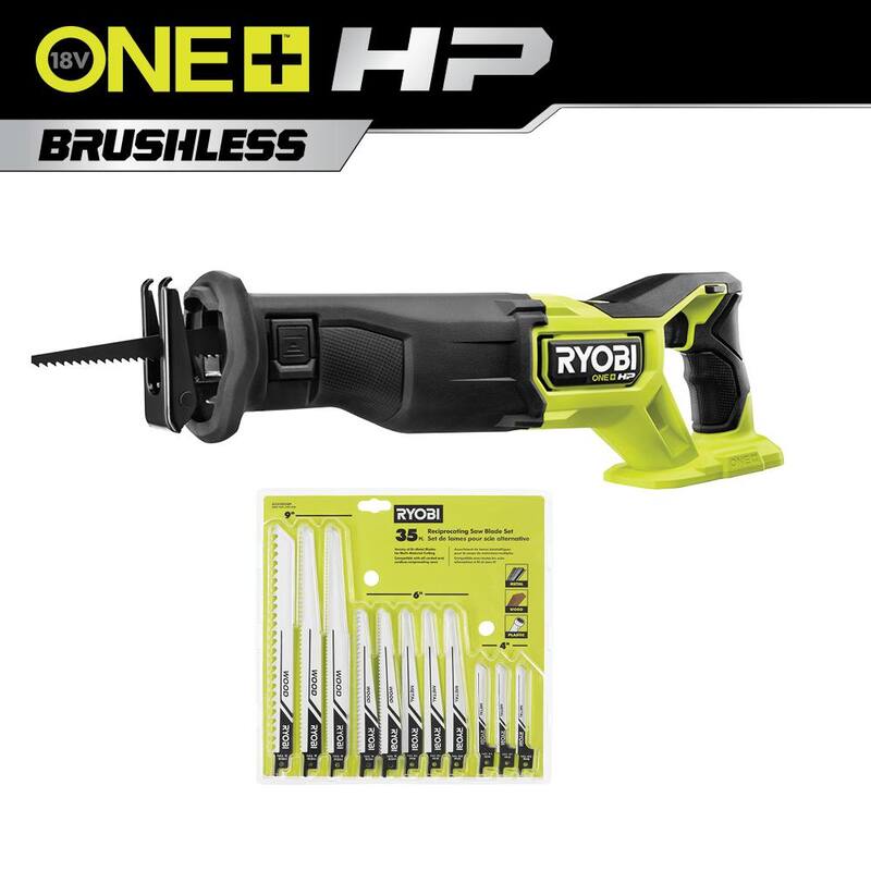 Sierra reciproca inalámbrica sin escobillas de 18V RYOBI ONE+ HP (herramienta únicamente) con juego de hojas de sierra reciproca multiusos (35 piezas) - PBLRS01B-A233501
