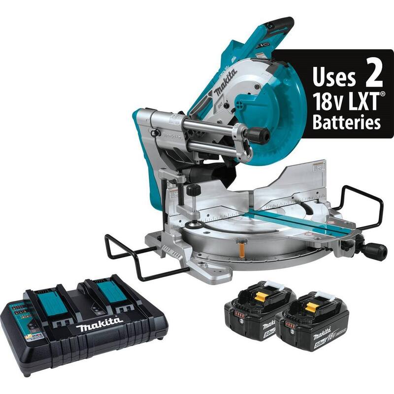 Sierra ingleteadora compuesta deslizante de bisel doble sin escobillas LXT de 10 pulgadas (36V) Makita 18V X2 con kit de 5.0Ah con base plegable para sierra ingleteadora - XSL04PTU-WST06