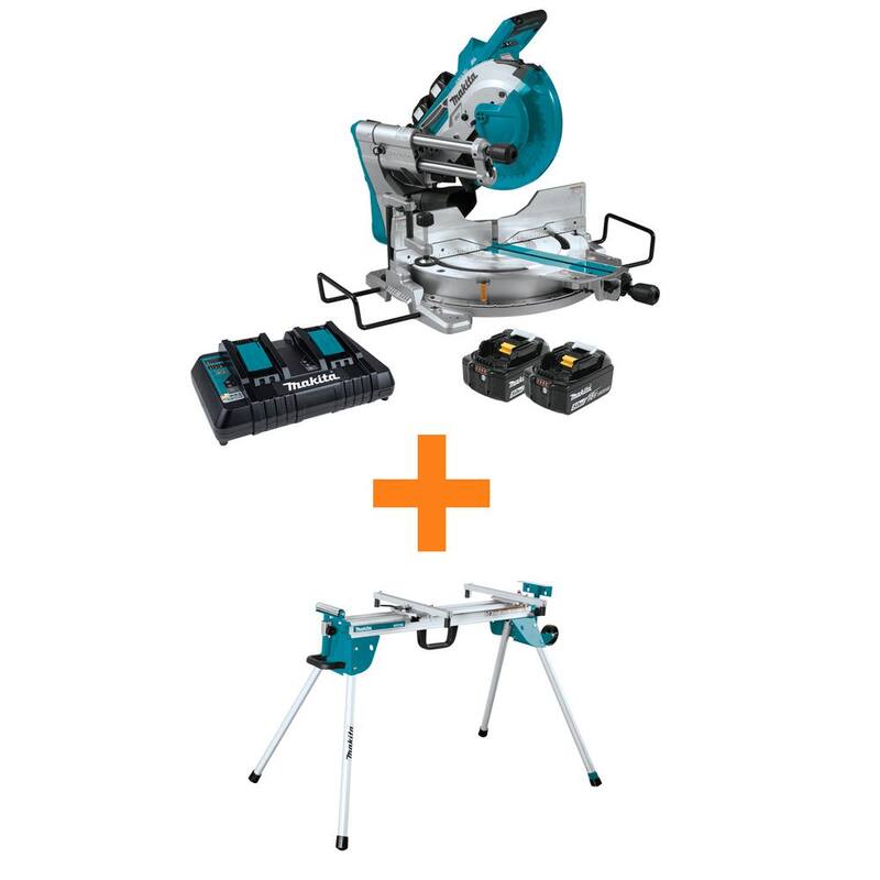 Sierra ingleteadora compuesta deslizante de bisel doble sin escobillas LXT de 10 pulgadas (36V) Makita 18V X2 con kit de 5.0Ah con base plegable para sierra ingleteadora - XSL04PTU-WST06