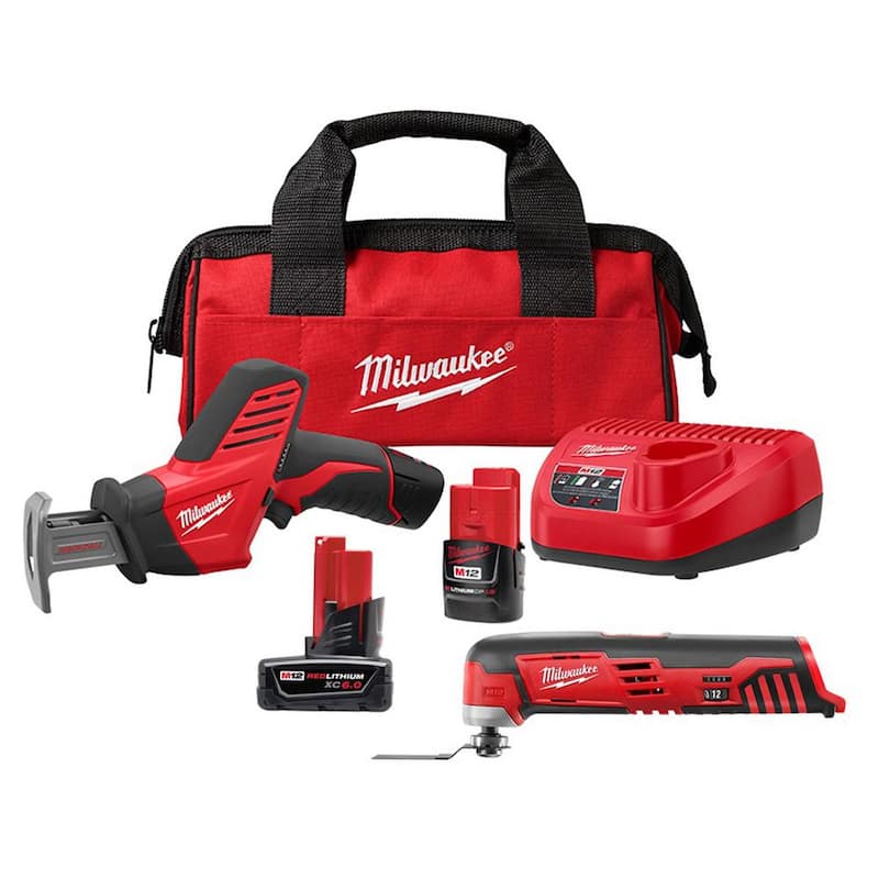 Kit de sierra recíproca inalámbrica Milwaukee M12 12V Lithium-Ion HACKZALL con herramienta múltiple oscilante M12 y paquete de batería XC de 6.0Ah - 2420-21-2426-20-48-11-2460