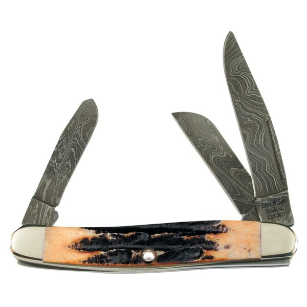 Bear & Sons Cutlery 2023 Bear 4' Genuine India Stag Bone Large Stockman Damascus - BEA-547D