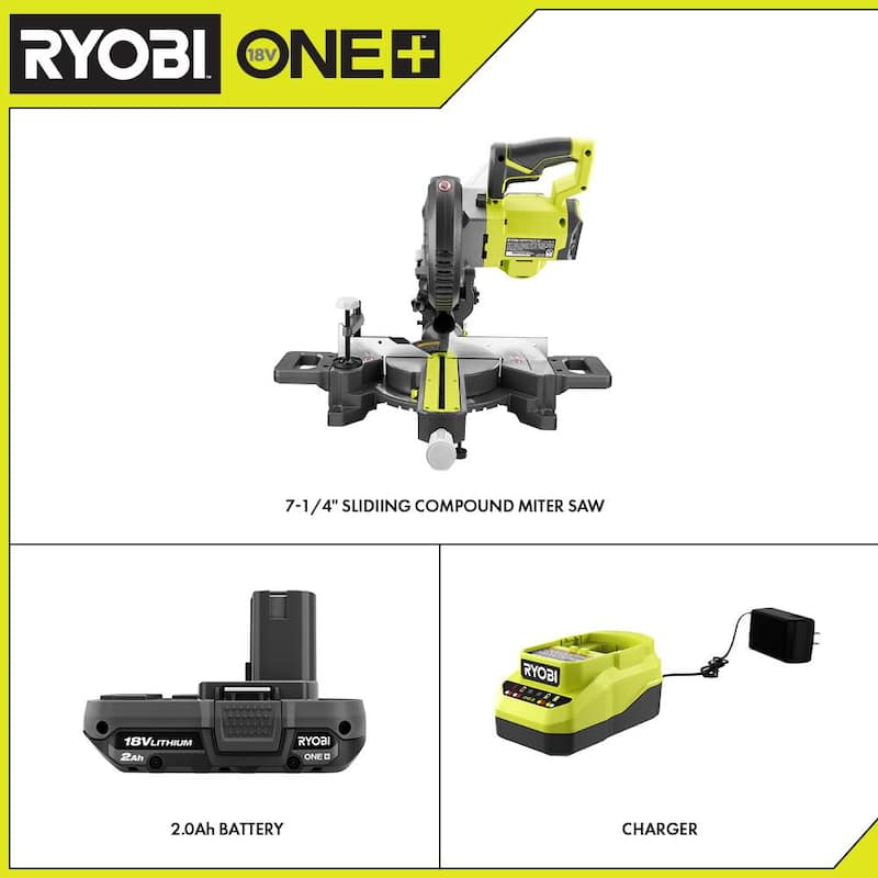 Sierra ingleteadora deslizante compuesta sin cable de 18V RYOBI ONE+ de 7-1/4 pulgadas con batería de 2.0 Ah y cargador - PBT01B-PSK005